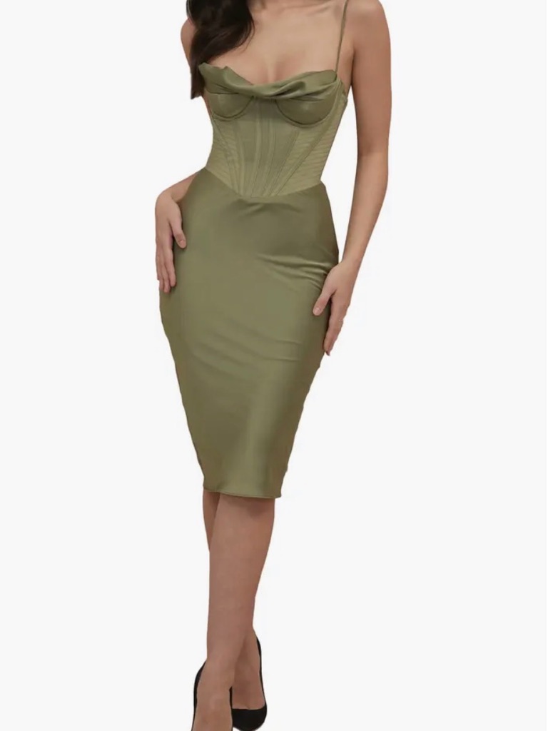 House Of Cb Olive Green Satin Corset Midi Dress